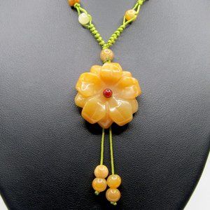 Carved Jade Flower Necklace Chinese Knot Adjustable Boho